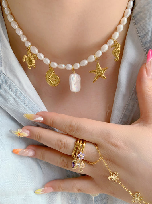 Personalized Gold-Plated Charm Necklace ( Pearl Necklace)