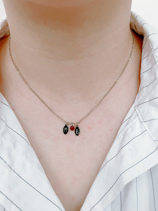 Initial mini oval tag birthstone necklace