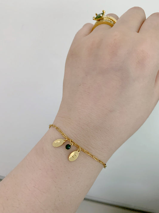 Mini oval initial tag birthstone bracelet